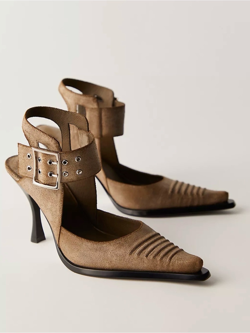 Jeffrey Campbell Presley Heels Pointed Toe Buckle Leather Taupe Edgy Stiletto